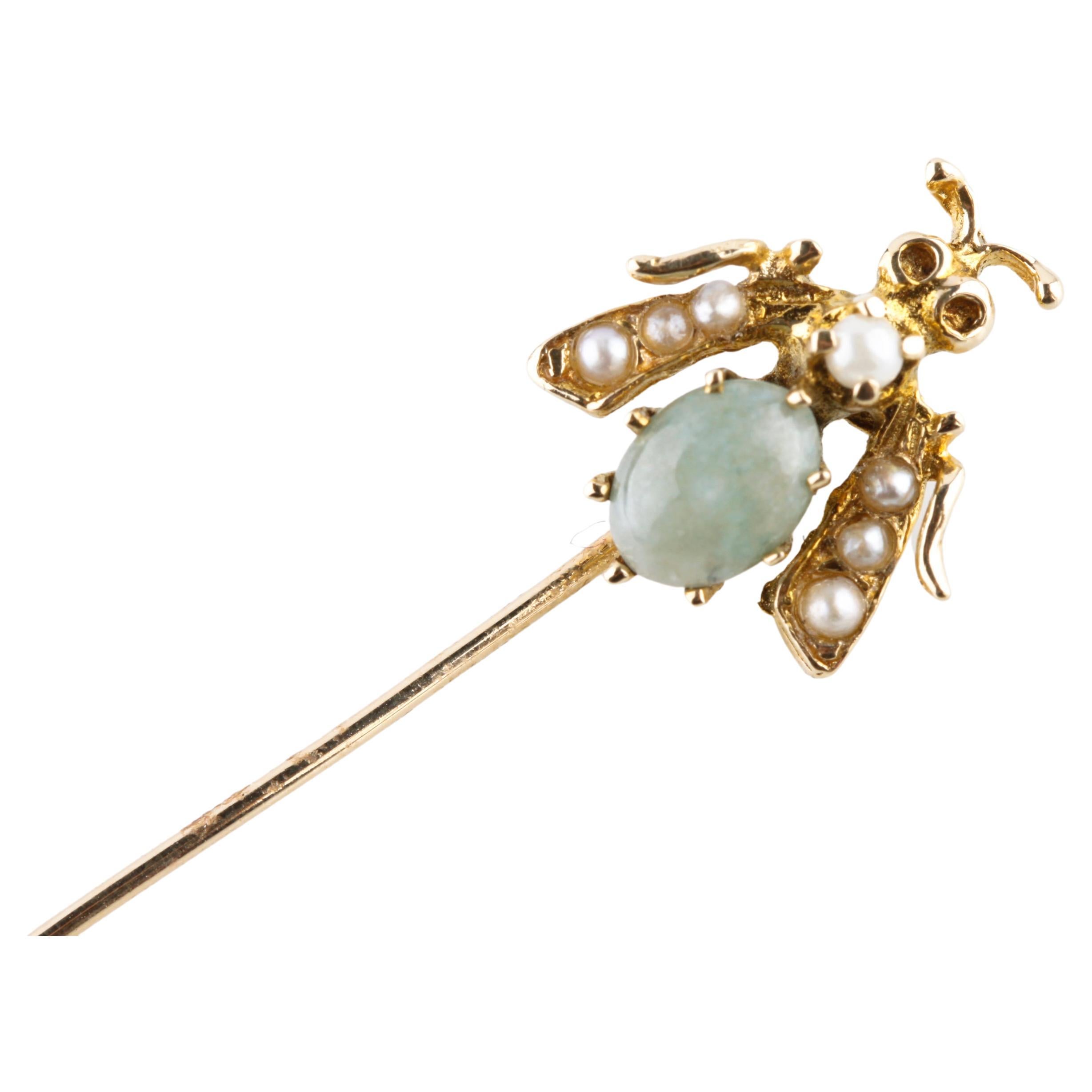 14k Yellow Gold Jade Cabochon Fly Pin with Seed Pearls Gorgeous! For Sale