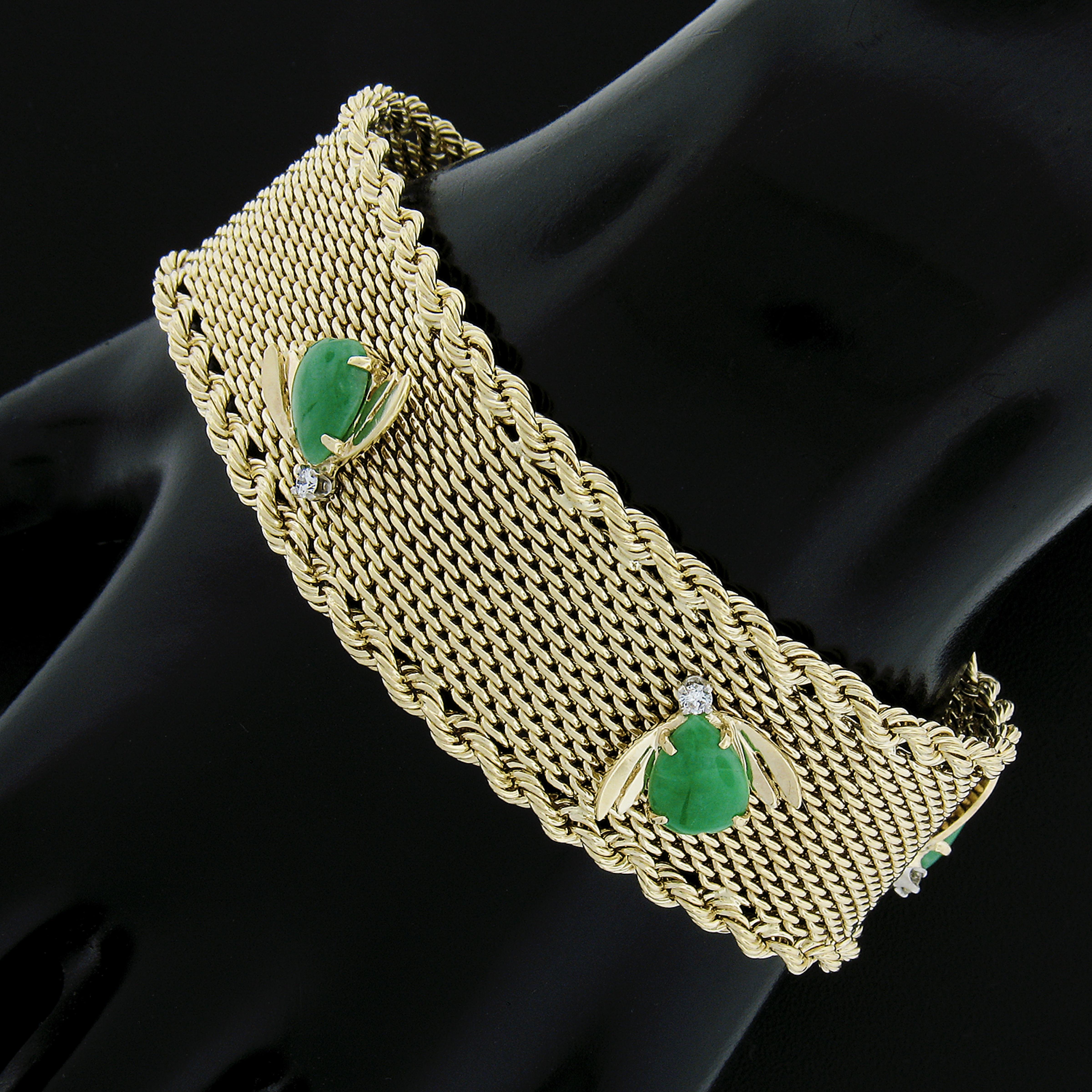 Cabochon 14k Yellow Gold Jade & Diamond Bees on Woven Link Rope Chain Borders Bracelet