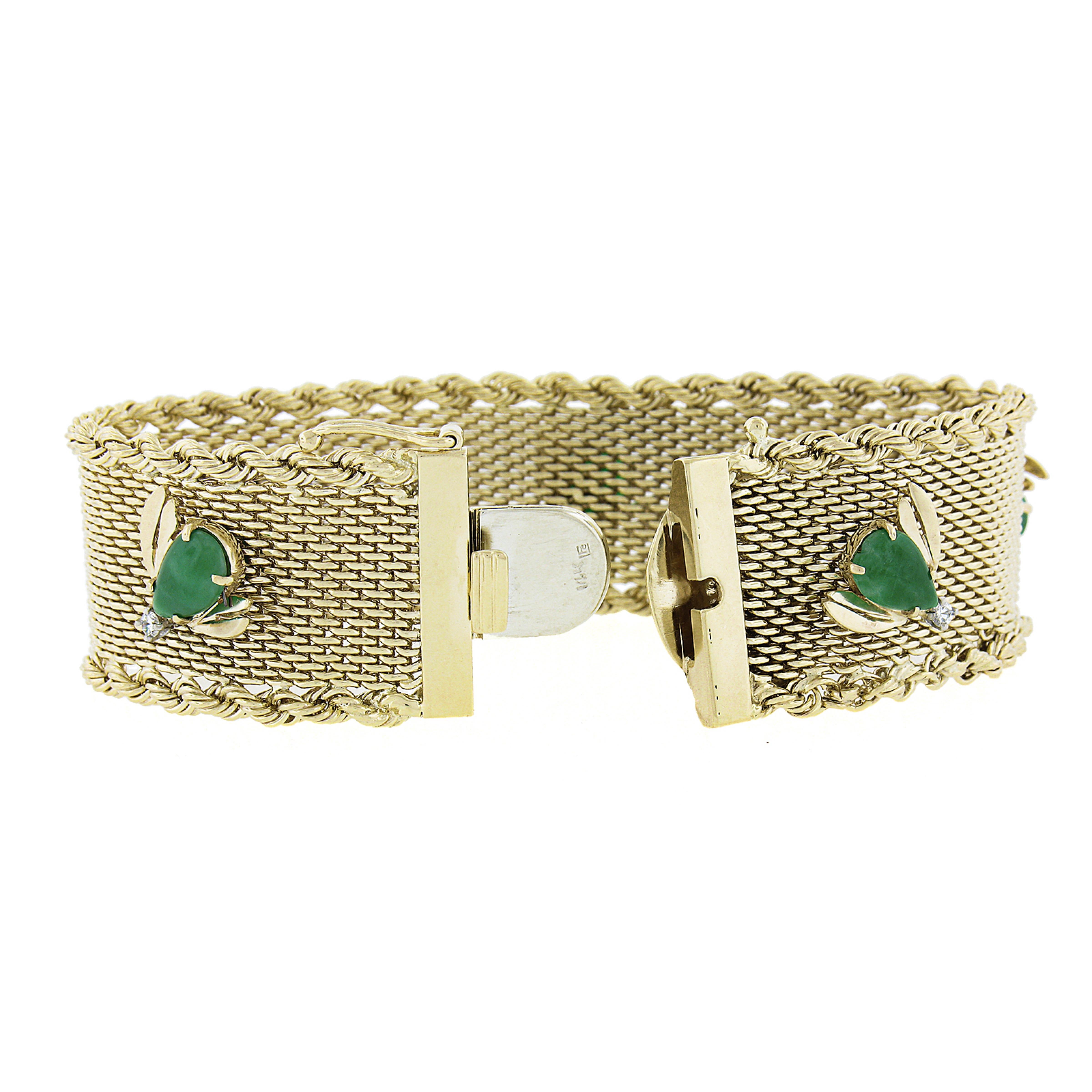 14k Yellow Gold Jade & Diamond Bees on Woven Link Rope Chain Borders Bracelet In Excellent Condition In Montclair, NJ