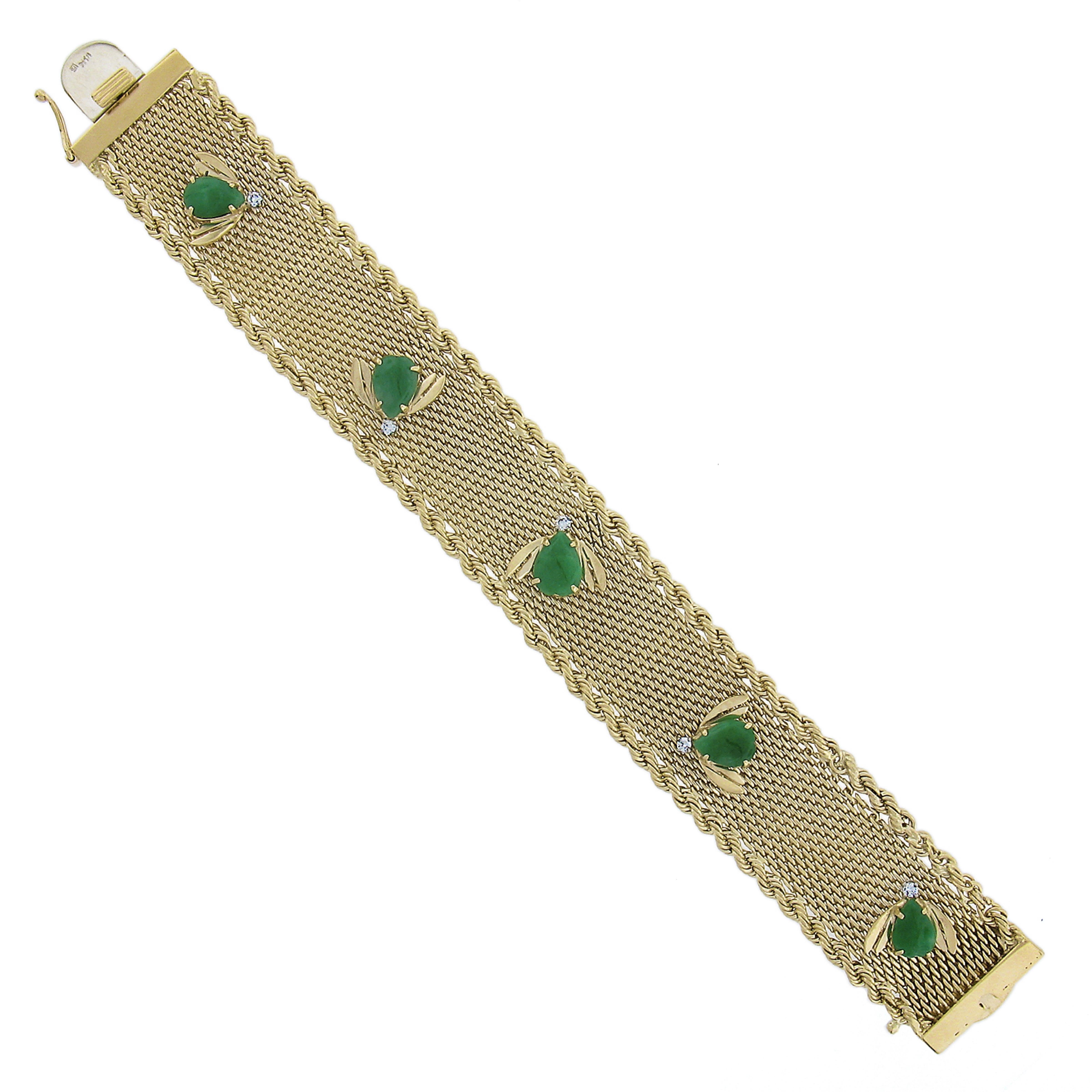 Women's 14k Yellow Gold Jade & Diamond Bees on Woven Link Rope Chain Borders Bracelet