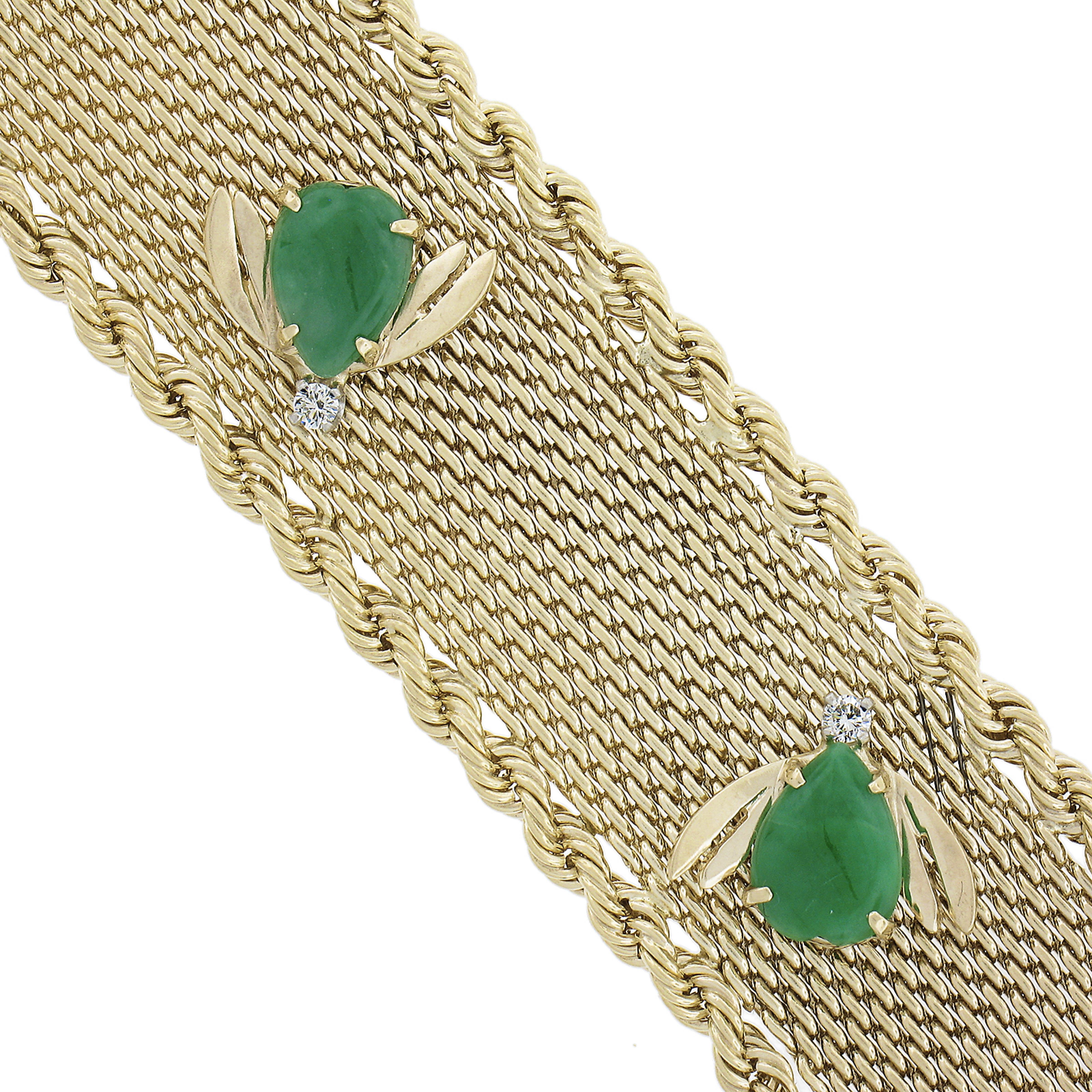 14k Yellow Gold Jade & Diamond Bees on Woven Link Rope Chain Borders Bracelet 1