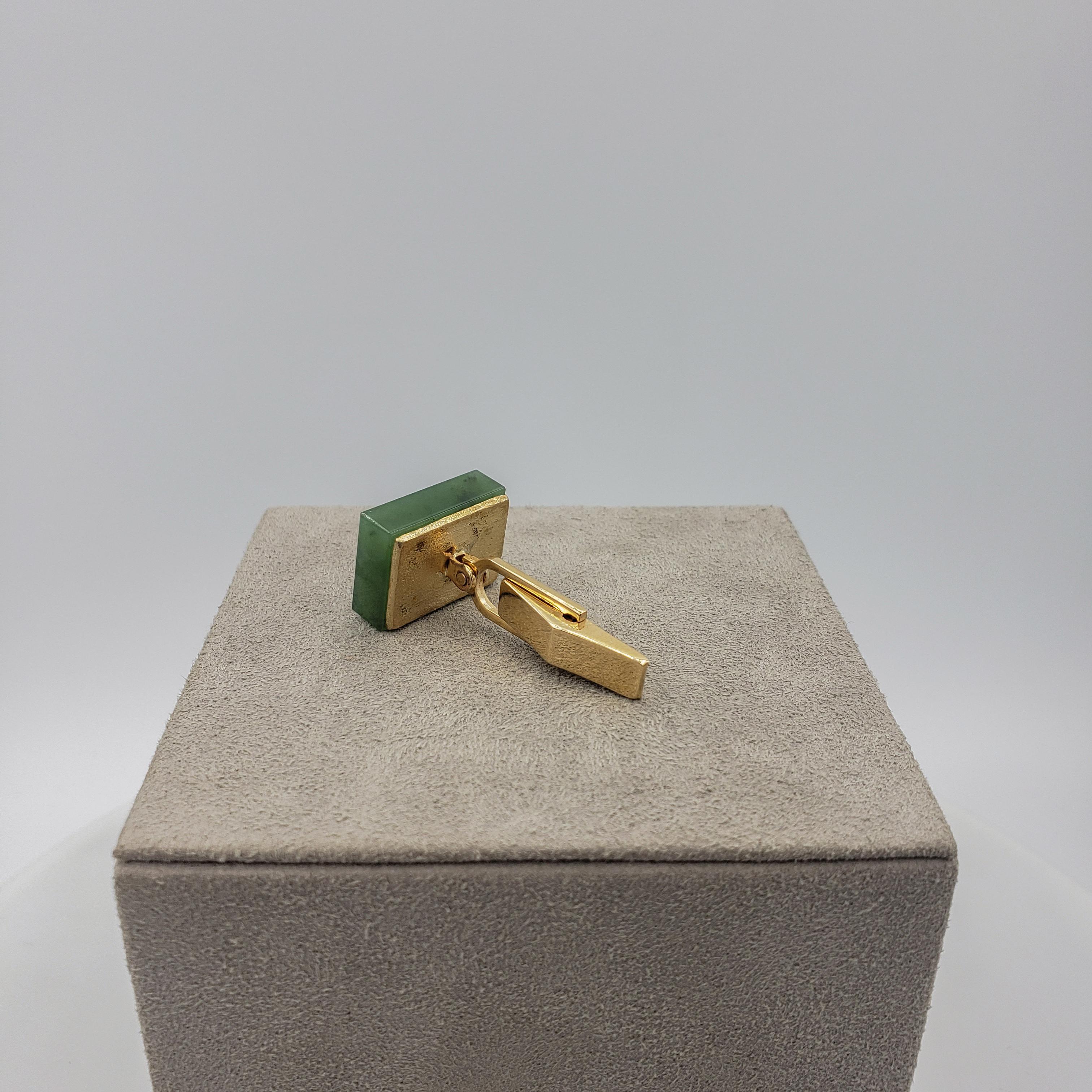 Square Cut Jade Domino Whale Back Cufflinks in 14K Yellow Gold For Sale