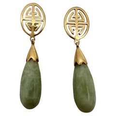 Boucles d'oreilles en or jaune 14k avec pendentif en jade 1 5/8