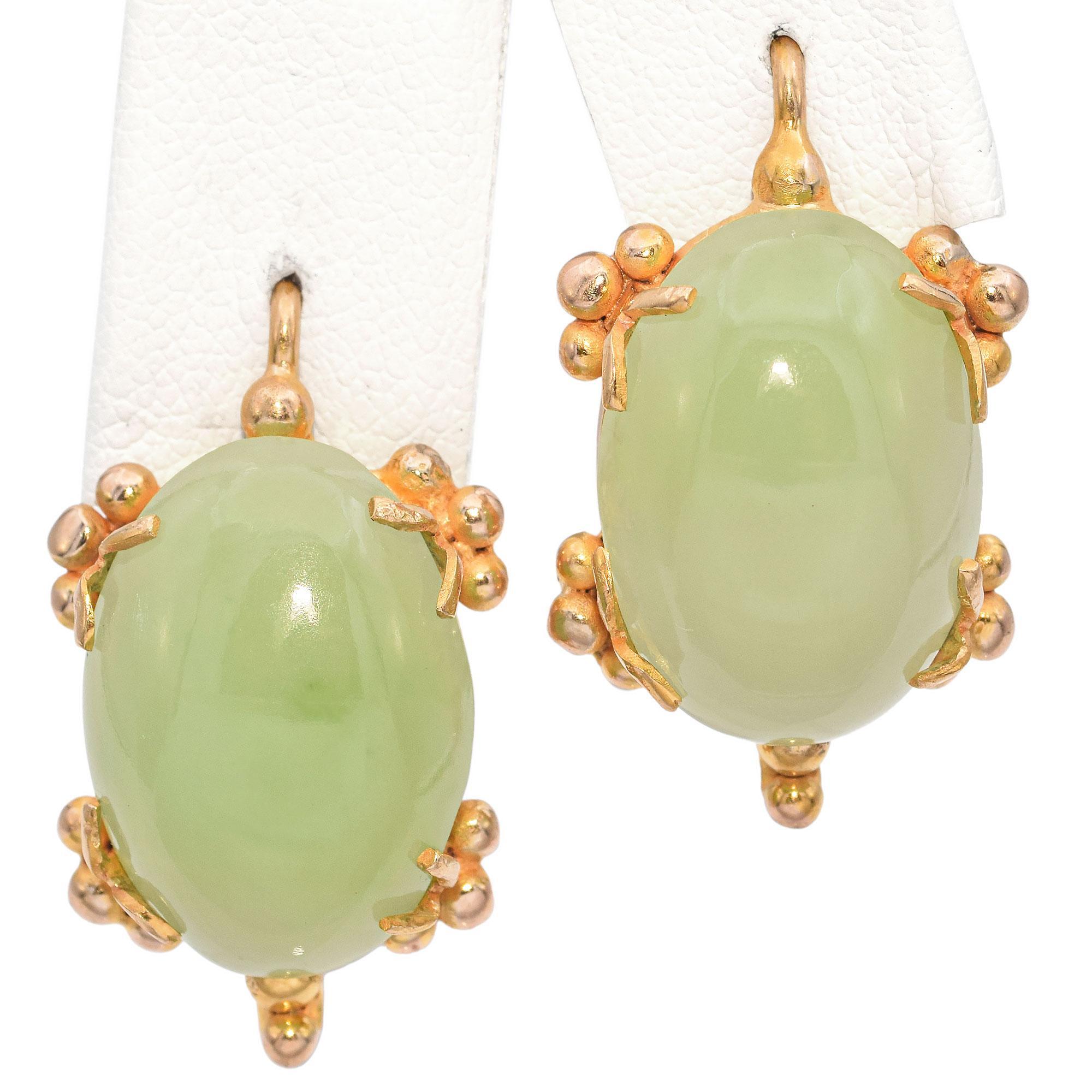Cabochon 14K Yellow Gold Jade Drop Earrings For Sale
