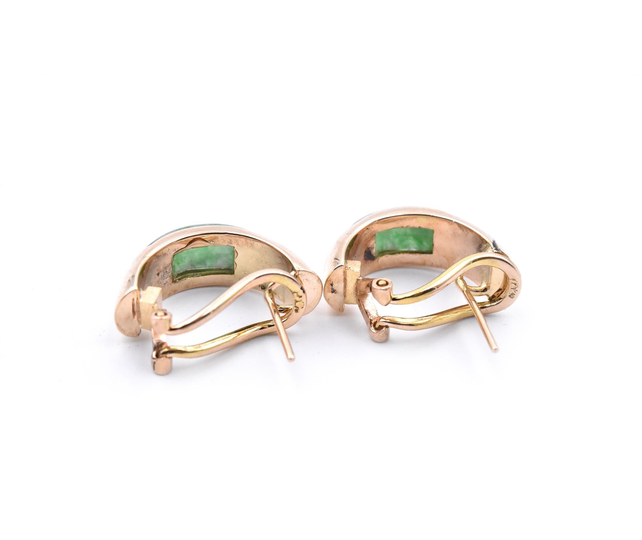 Women's or Men's 14 Karat Yellow Gold Jade Huggie Earrings