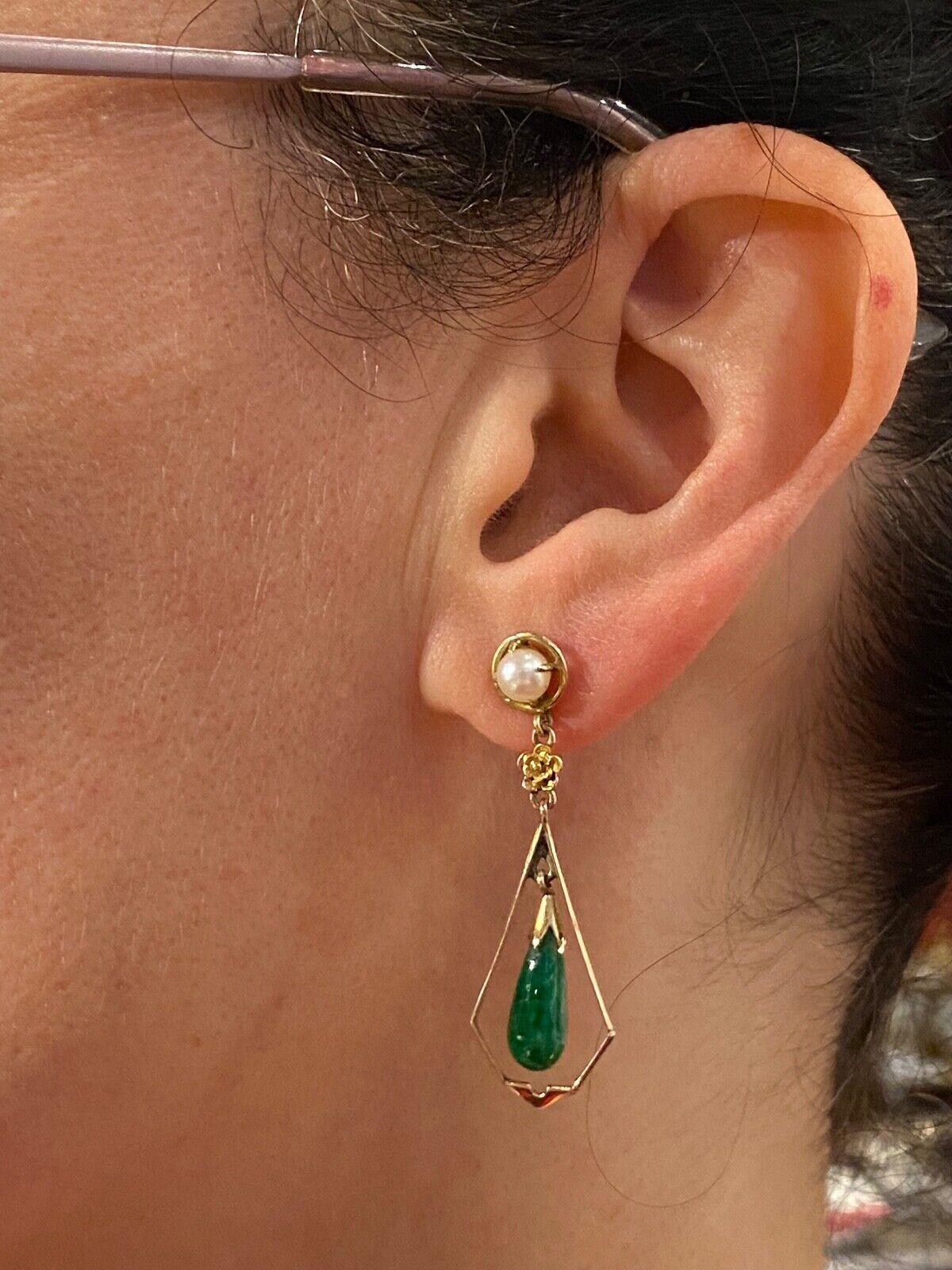 14K Gelbgold, Jade & Perle Vintage Ohrringe (baumelnd) (Retro) im Angebot