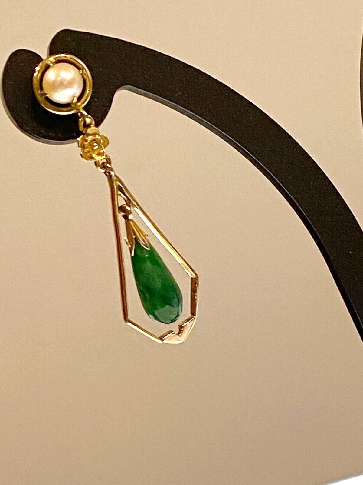 14K Gelbgold, Jade & Perle Vintage Ohrringe (baumelnd) (Gemischter Schliff) im Angebot