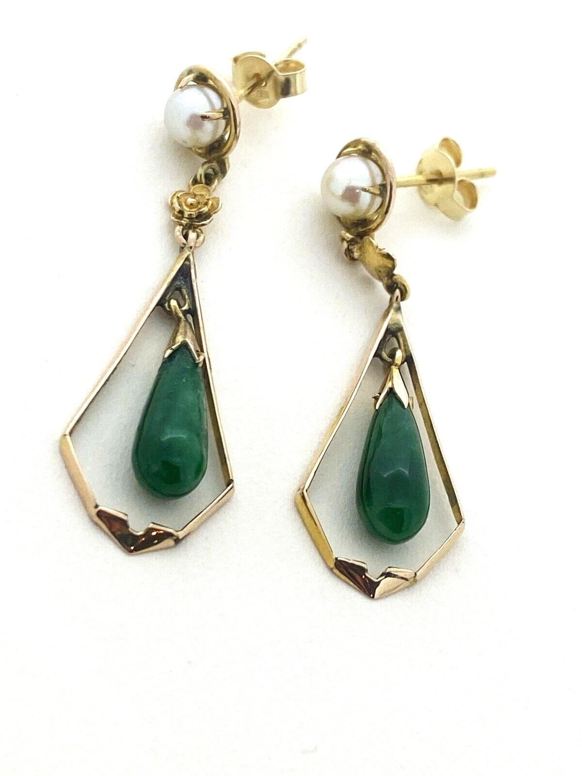 14K Gelbgold, Jade & Perle Vintage Ohrringe (baumelnd) im Zustand „Hervorragend“ im Angebot in MELBOURNE, AU