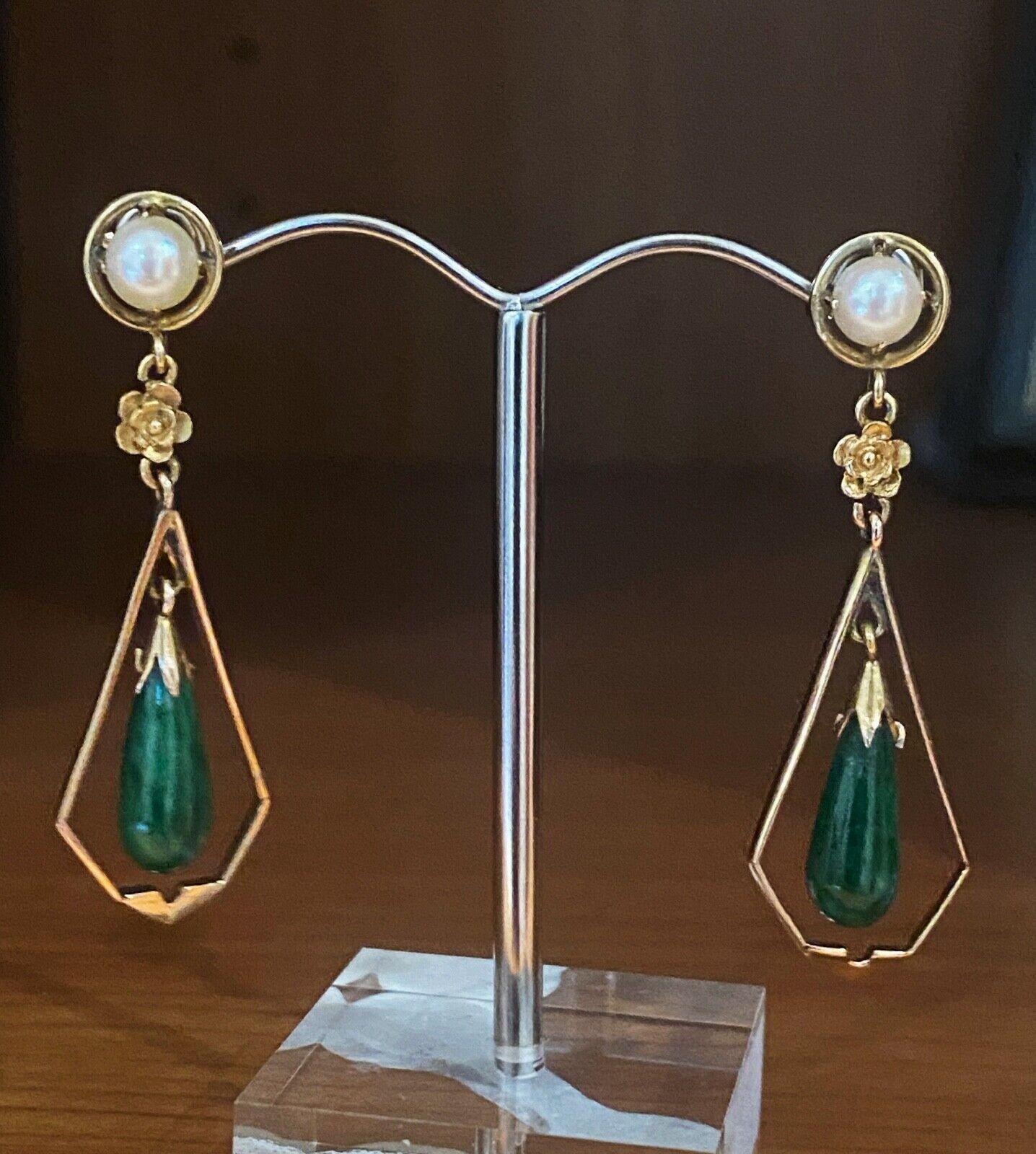 14K Gelbgold, Jade & Perle Vintage Ohrringe (baumelnd) Damen im Angebot