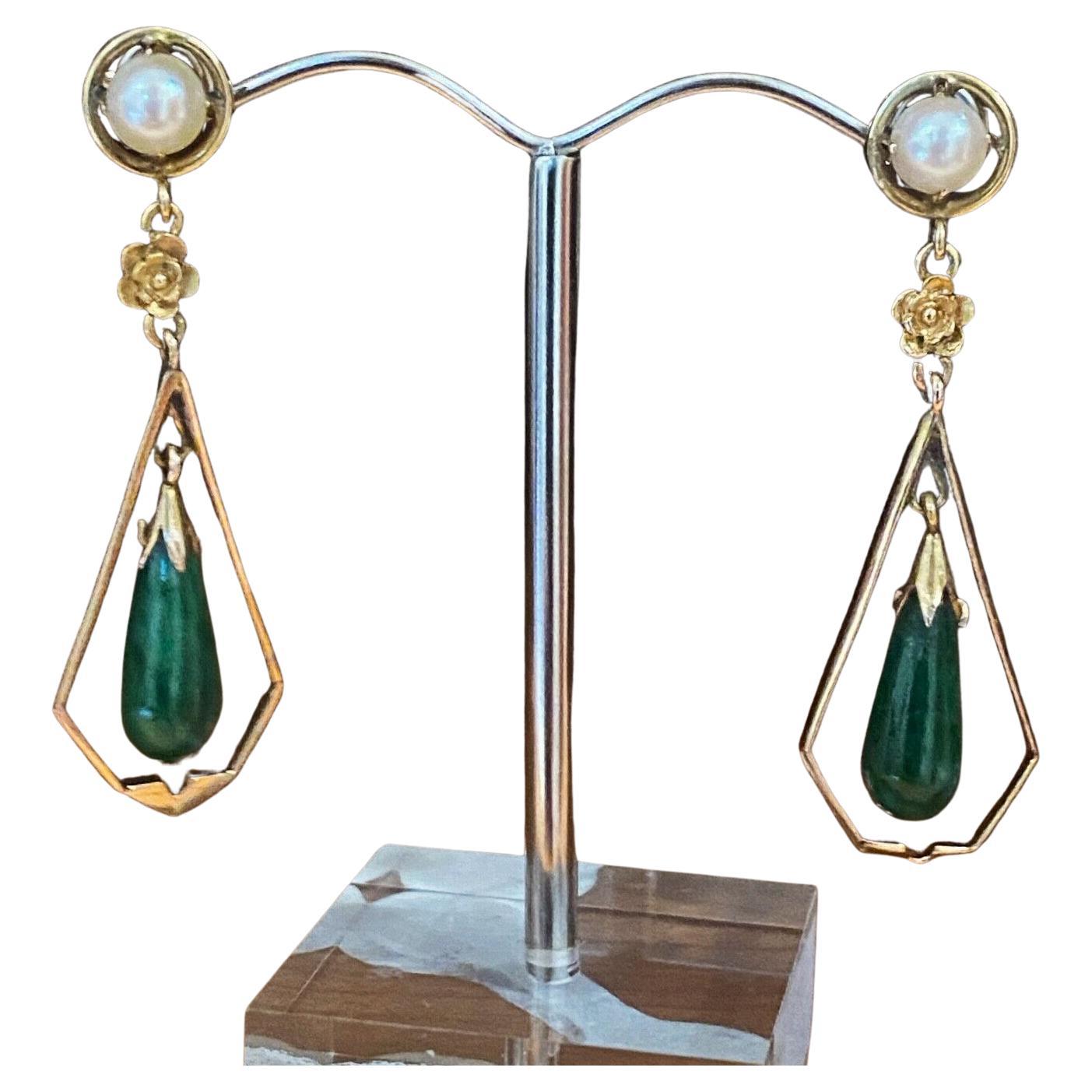 14K Gelbgold, Jade & Perle Vintage Ohrringe (baumelnd) im Angebot