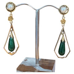 14K Gelbgold, Jade & Perle Vintage Ohrringe (baumelnd)