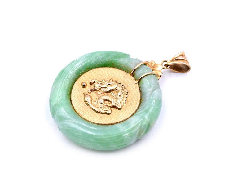 14 Karat Yellow Gold Jade Pendant with Asian Style Writing at 1stDibs
