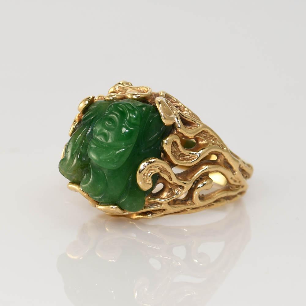 14 Karat Gelbgold Jade-Ring, 11,6 g (Ungeschliffen)