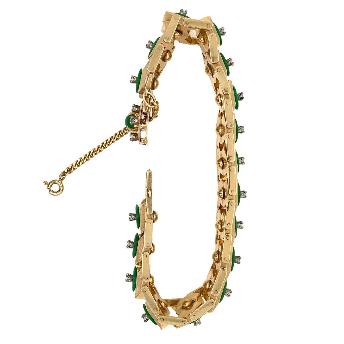 14 Karat Yellow Gold Jadeite with 1 Carat Round Brilliant Cut Diamond Bracelet For Sale 6