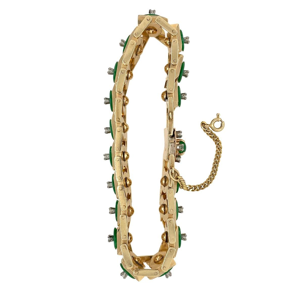 Metal: 14k Yellow Gold
Condition: Excellent
Year of Manufacture: 1940s
Gemstone: Diamond, Jadeite
Diamond Cut: Round Brilliant Cut
Diamond Weight: 1 CT
Item Weight: 43.6 grams
Length: 7.1 inches

SKU#B-00984
