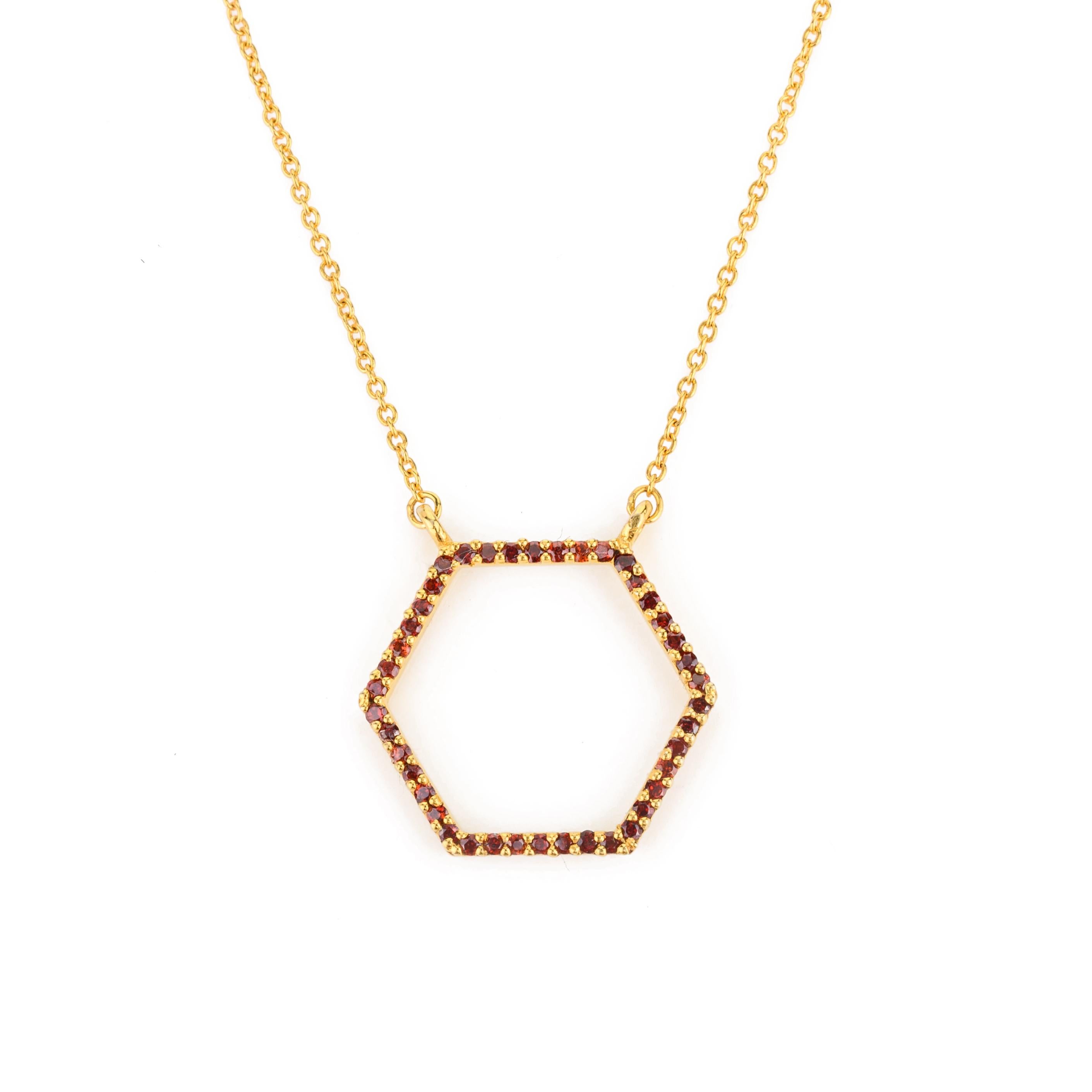 January Birthstone Garnet Hexagon Pendant Chain Necklace in 14K Gold with round cut garnet. This stunning piece of jewelry instantly elevates a casual look or dressy outfit. 
Garnet gemstone restores balance.
Designed with round cut garnet pave set