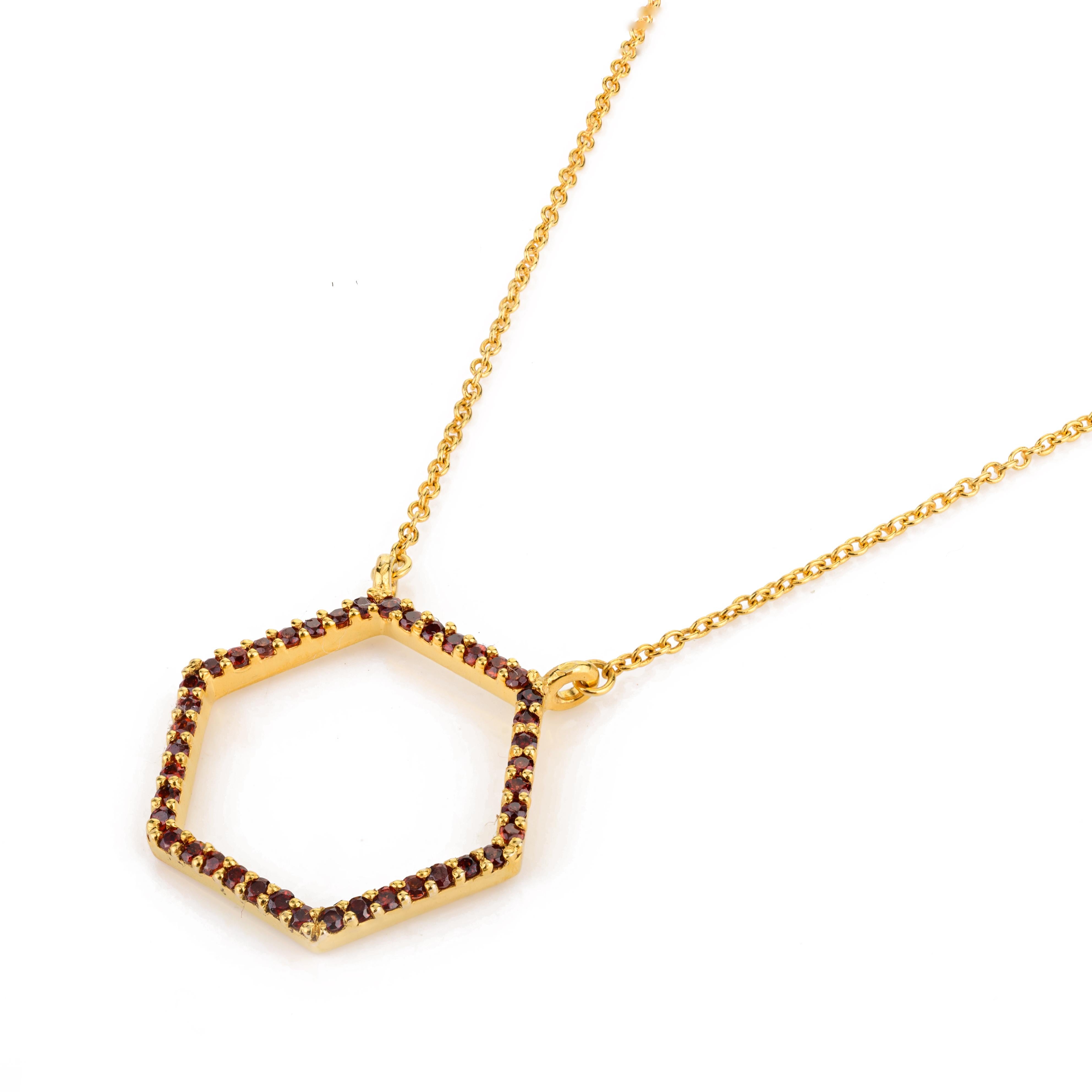 Modern 14k Yellow Gold January Birthstone Garnet Hexagon Pendant Necklace for Her For Sale