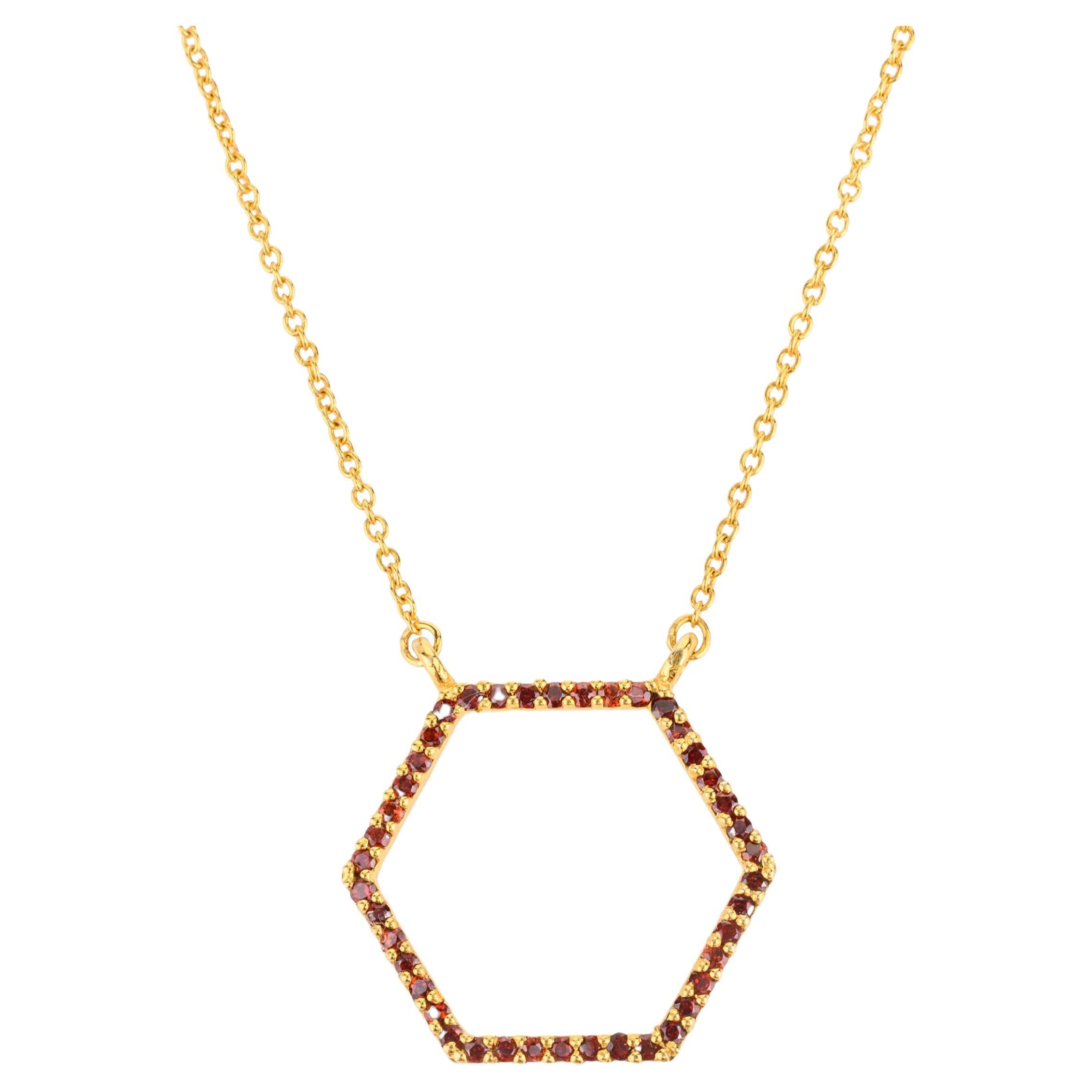 14k Yellow Gold January Birthstone Garnet Hexagon Pendant Necklace for Her For Sale