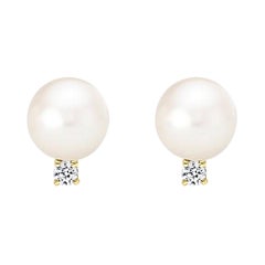 14k Yellow Gold Japanese Akoya Cultured Pearl 8-8.5mm and Diamond Stud Earrings