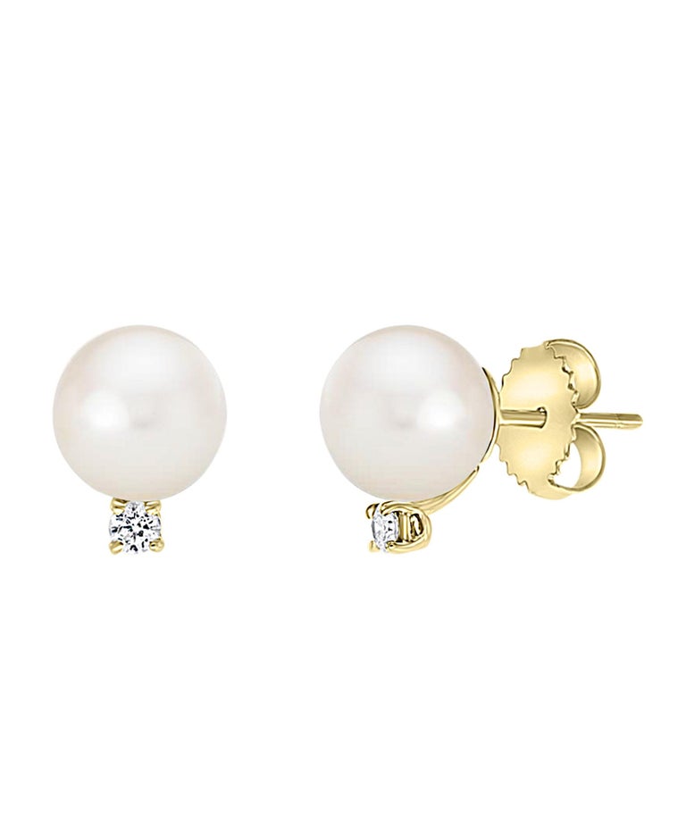 14k Yellow Gold Japanese Akoya Cultured Pearl 8-8.5mm and Diamond Stud ...
