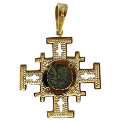 Antique 14K Yellow Gold Jerusalem Cross Pendant with Widow's Mite Coin