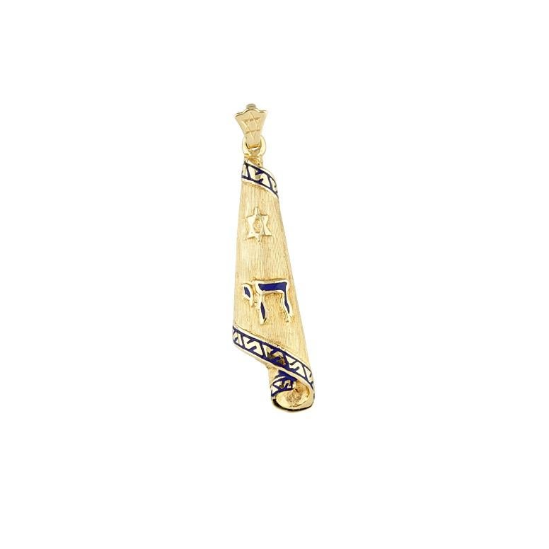 Modern 14k Yellow Gold Jewish Chai Scroll Pendant with Blue Enamel Detailing Gorgeous