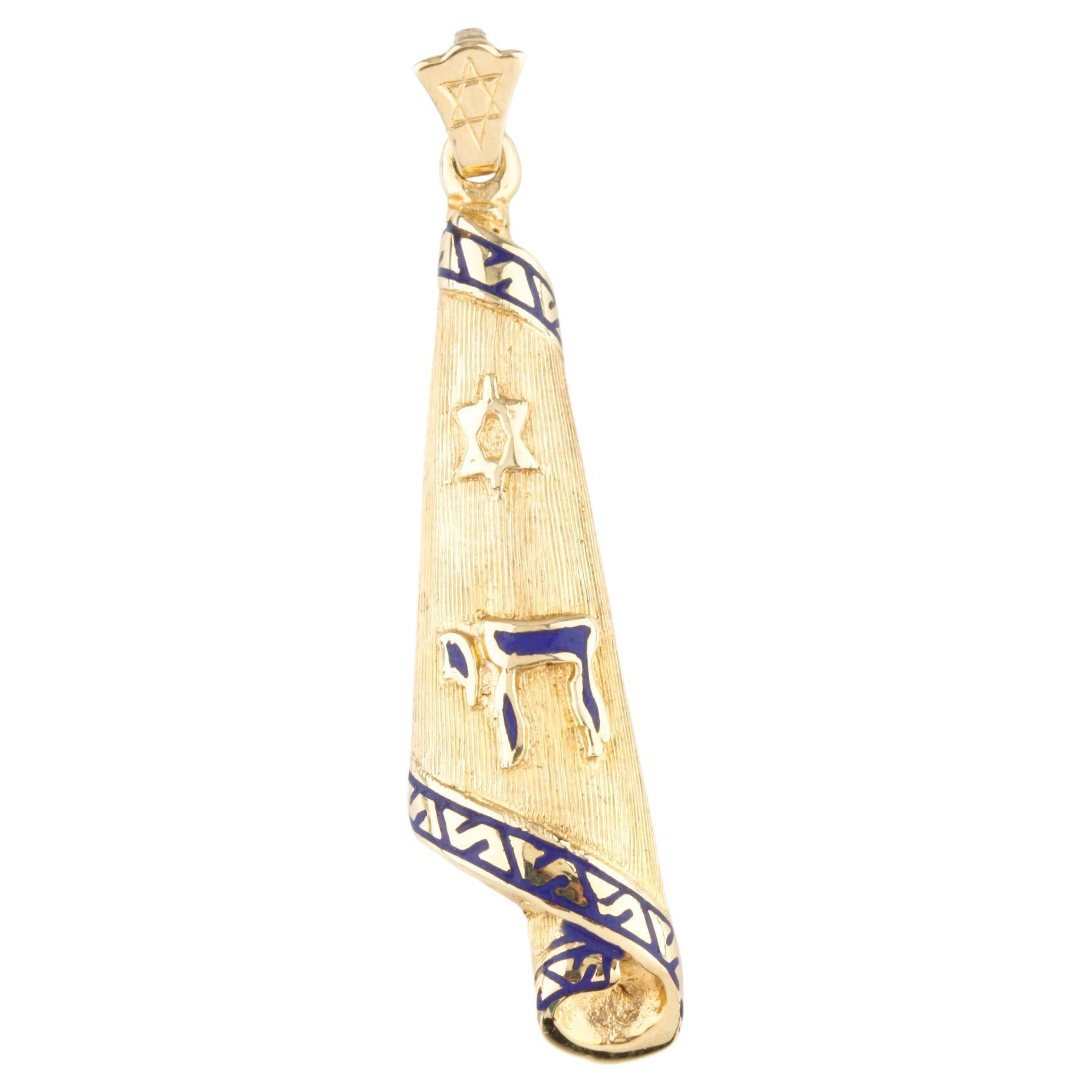 14k Yellow Gold Jewish Chai Scroll Pendant with Blue Enamel Detailing Gorgeous