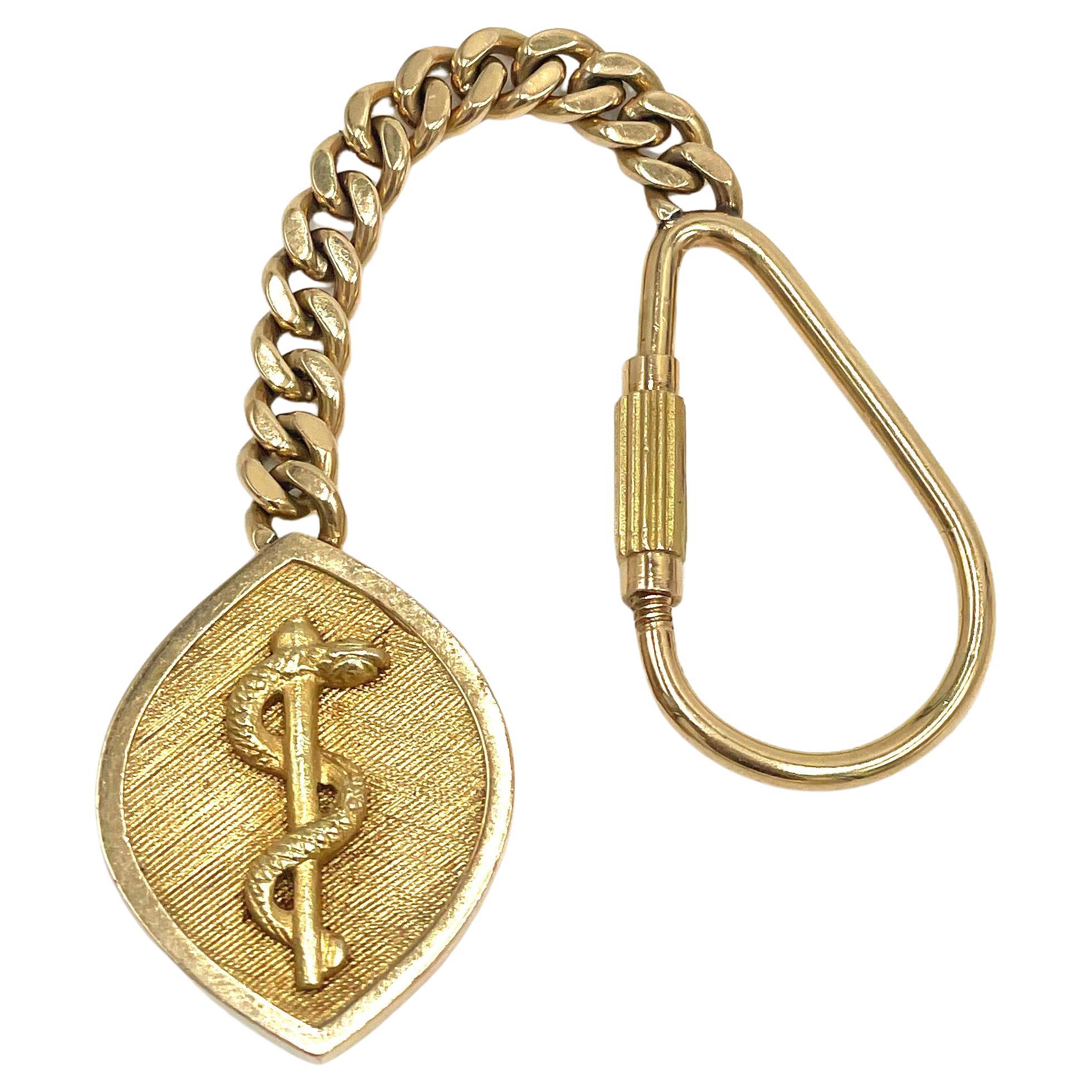 14K Yellow Gold Key Chain with the Rod of Asclepius. For Sale
