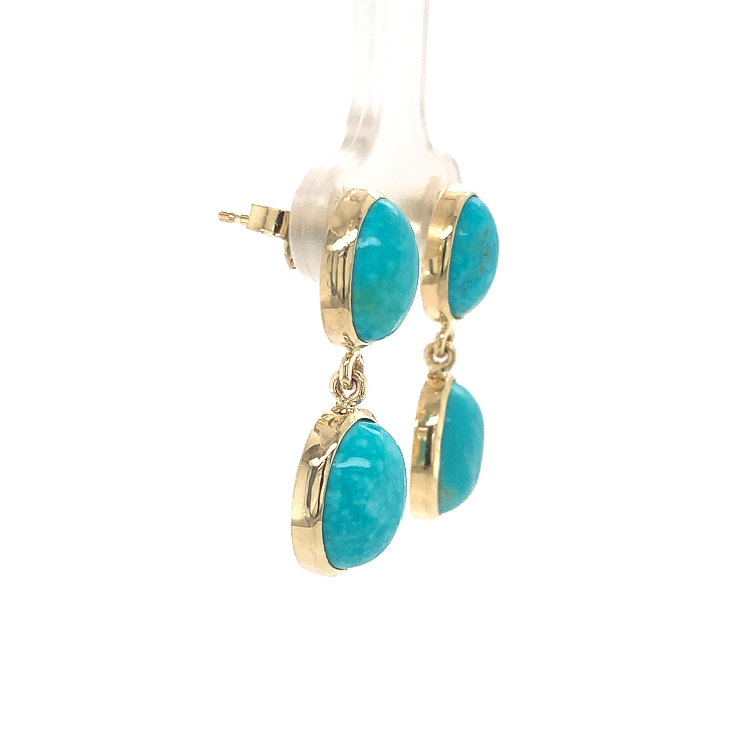 Contemporary 14K Yellow Gold Kingman Turquoise Stud Dangle Earrings 7.39cttw For Sale