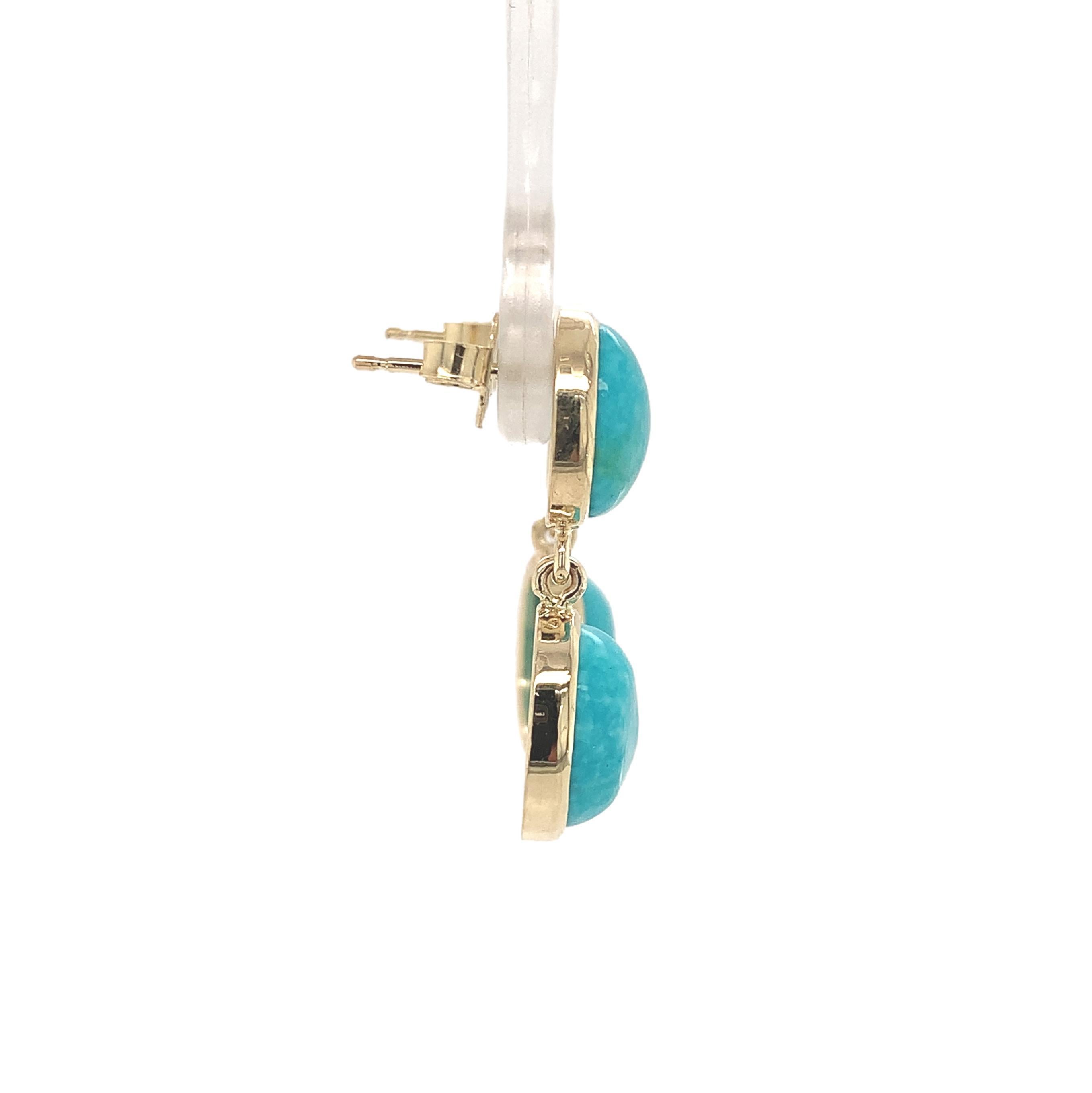 Cabochon 14K Yellow Gold Kingman Turquoise Stud Dangle Earrings 7.39cttw For Sale