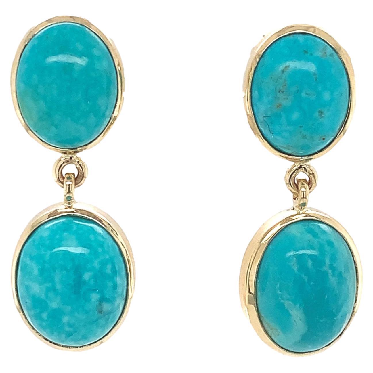 14K Yellow Gold Kingman Turquoise Stud Dangle Earrings 7.39cttw For Sale