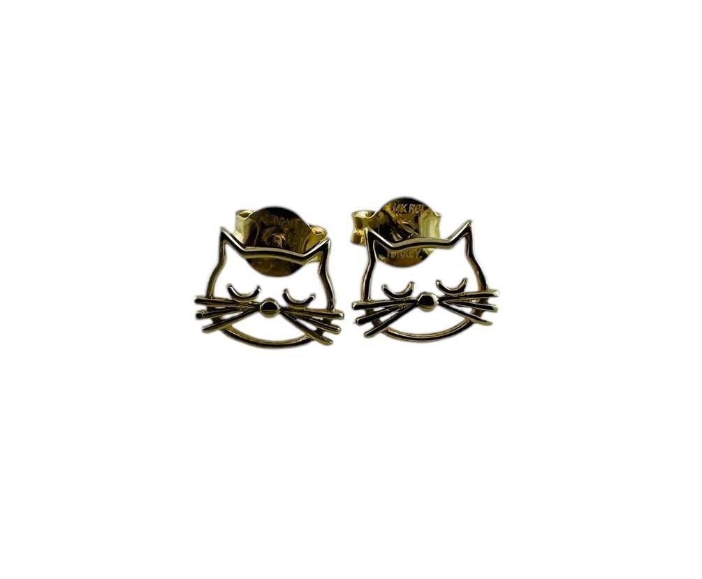 14K Yellow Gold Kitten Face Stud Earrings #20674 In Good Condition For Sale In Washington Depot, CT