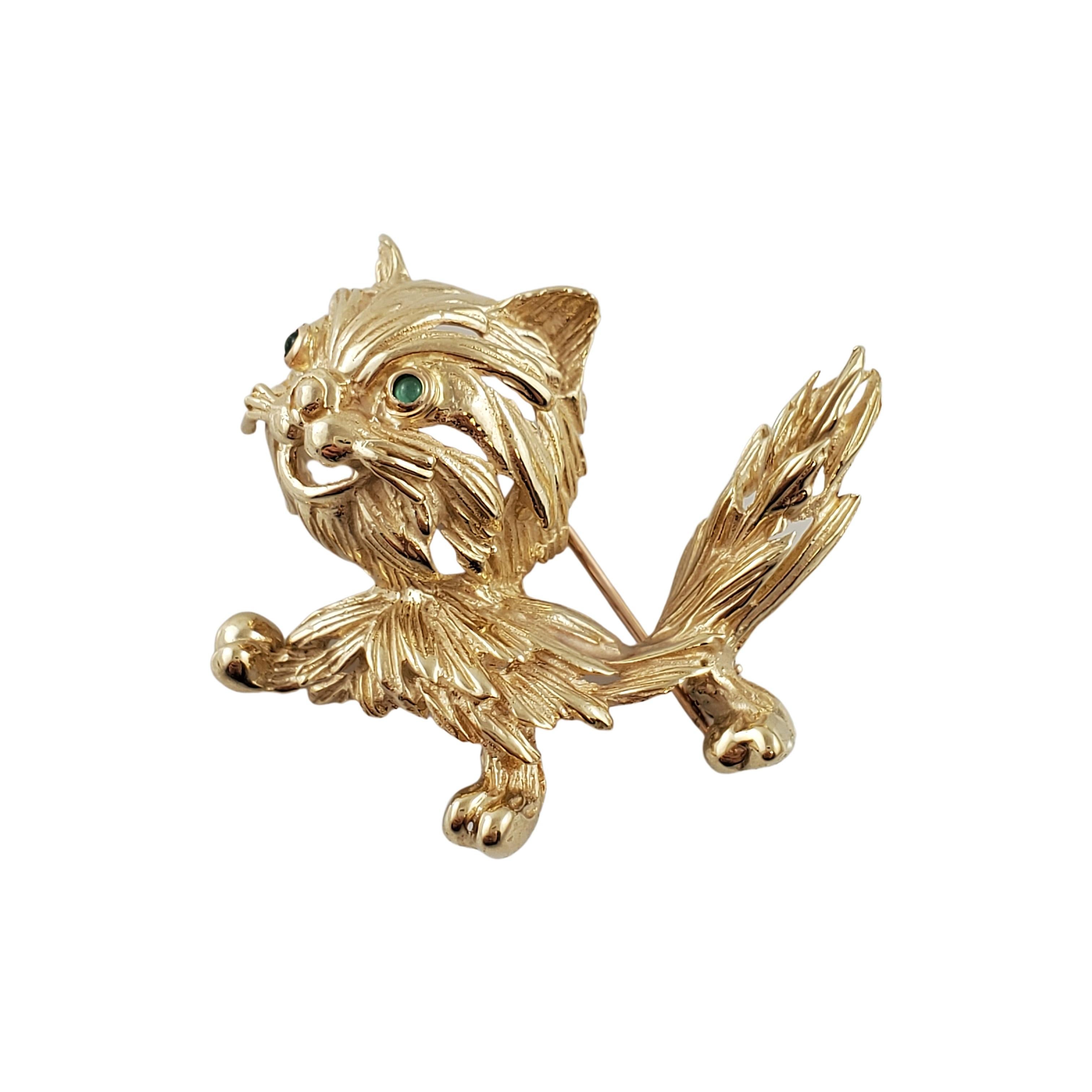 14K Yellow Gold Kitty Pin With Green Cabochon Stone

Adorable 3D kitty pin is beautifully crafted in 14k yellow gold featuring details of fur and green cabochon stone for eyes.

Size: 35mm X 35mm

Weight: 11.4 gr / 7.3 dwt

Hallmark: SORET 14K

Will