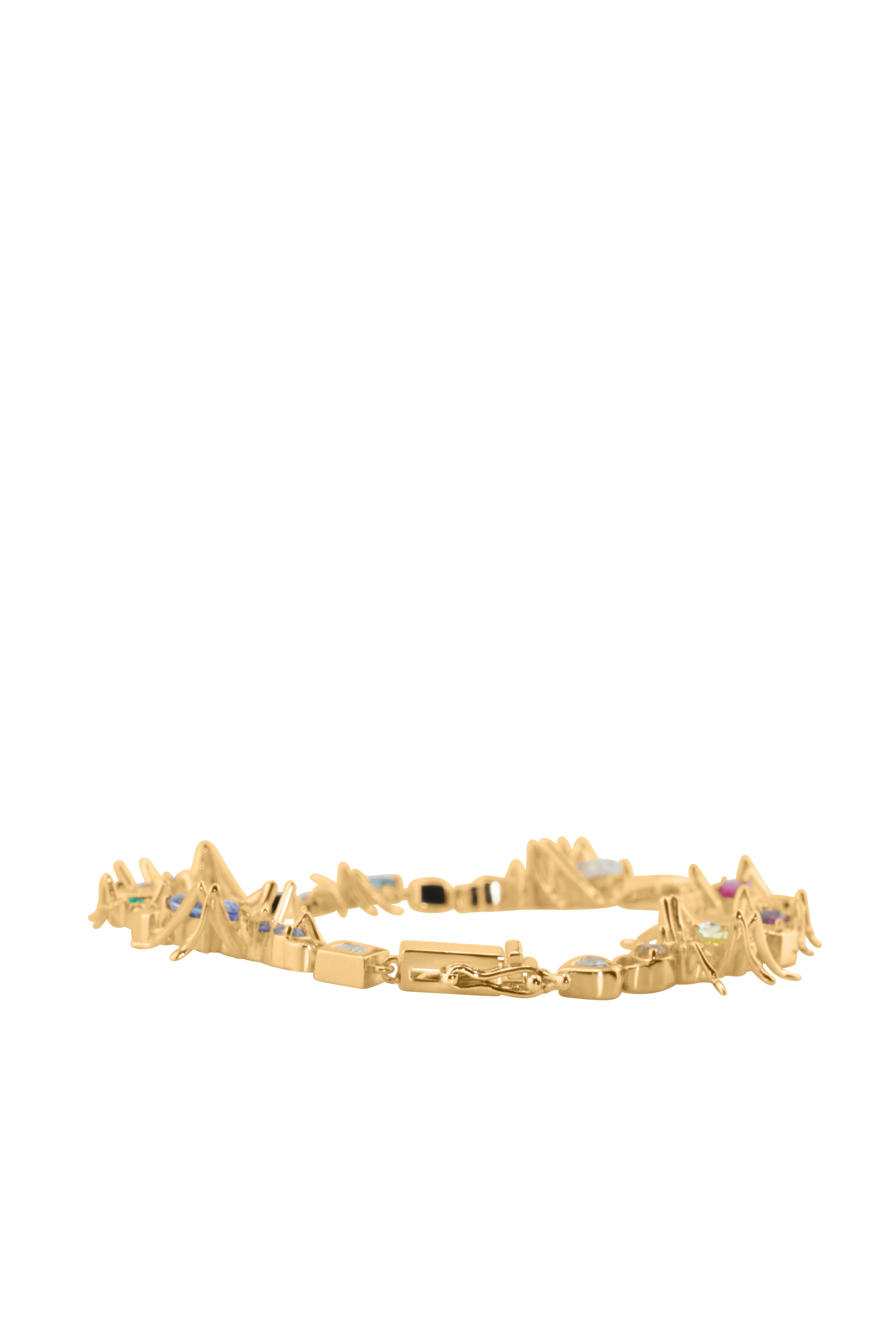 Artisan Bracelet de tennis Kokoro en or jaune 14k 3.72 Carat Multicolor Gemstones Ant Motif en vente