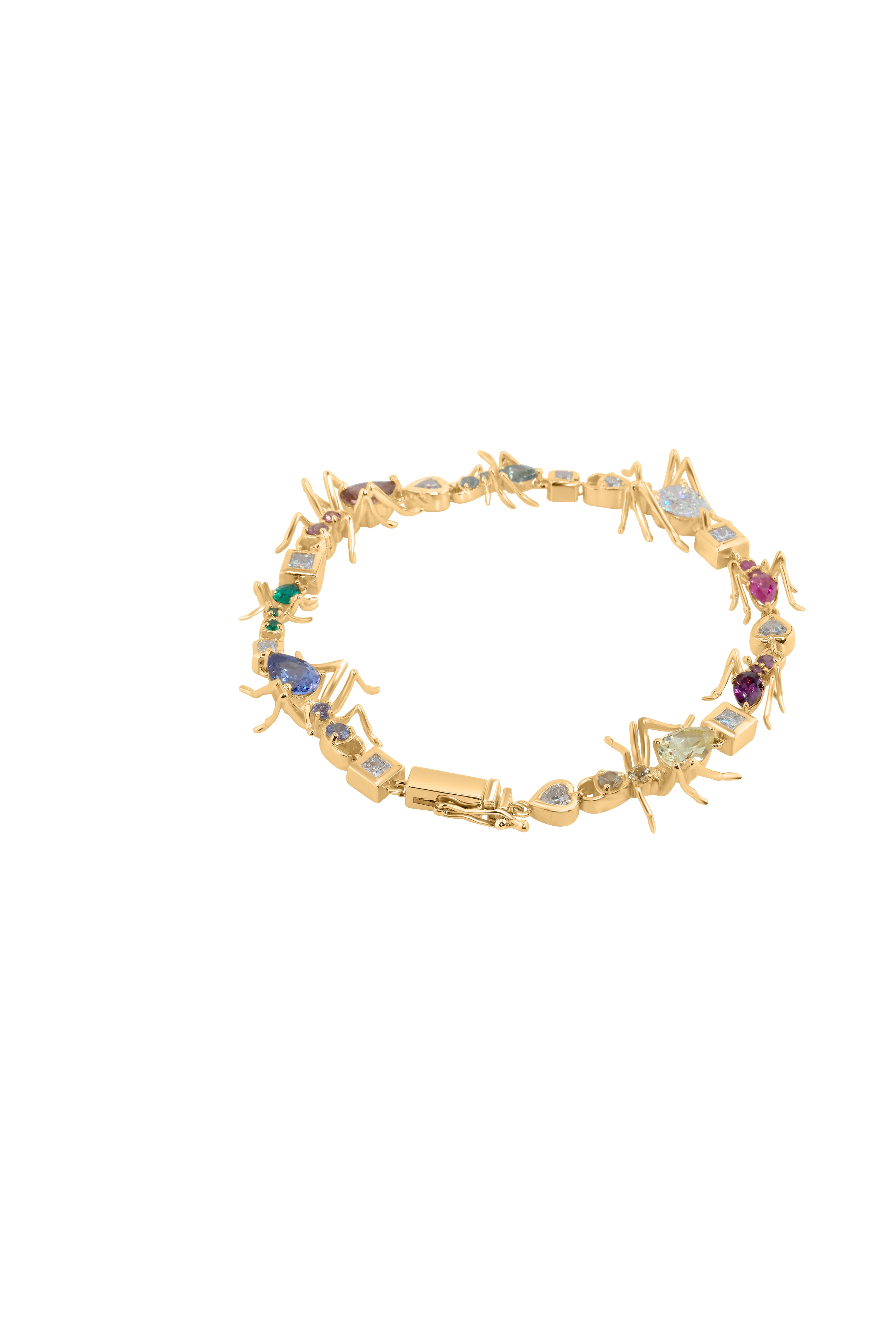 Bracelet de tennis Kokoro en or jaune 14k 3.72 Carat Multicolor Gemstones Ant Motif en vente 2