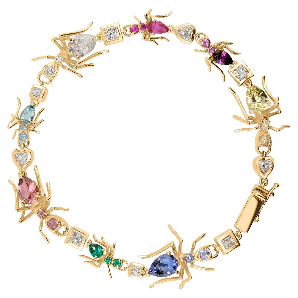 Bracelet de tennis Kokoro en or jaune 14k 3.72 Carat Multicolor Gemstones Ant Motif en vente