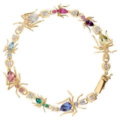 14k Gelbgold Kokoro Tennis Armband 3,72 Karat Multicolor Edelsteine Ameisenmotiv