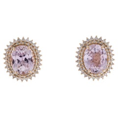 14K Yellow Gold Kunzite & Diamond Stud Earrings, 9.77 Carat, Faceted Oval Kunzit