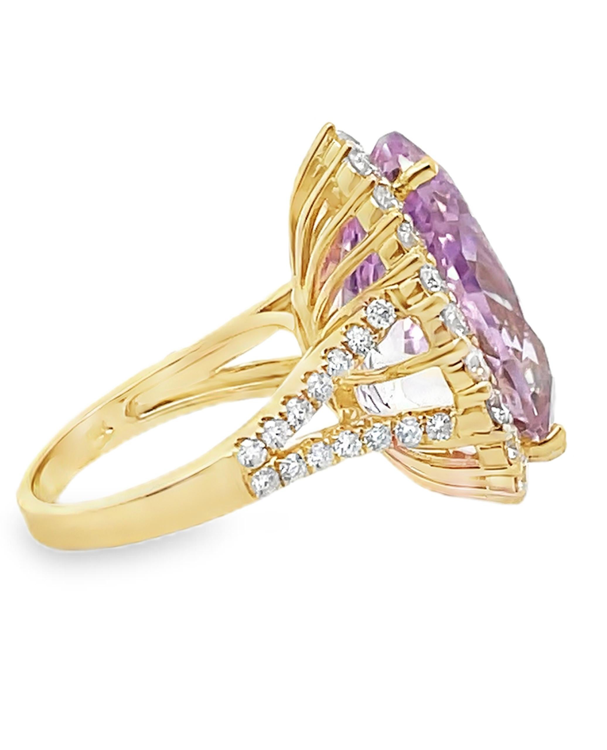 Pear Cut 14K Yellow Gold Kunzite Halo Pear Shaped Ring For Sale