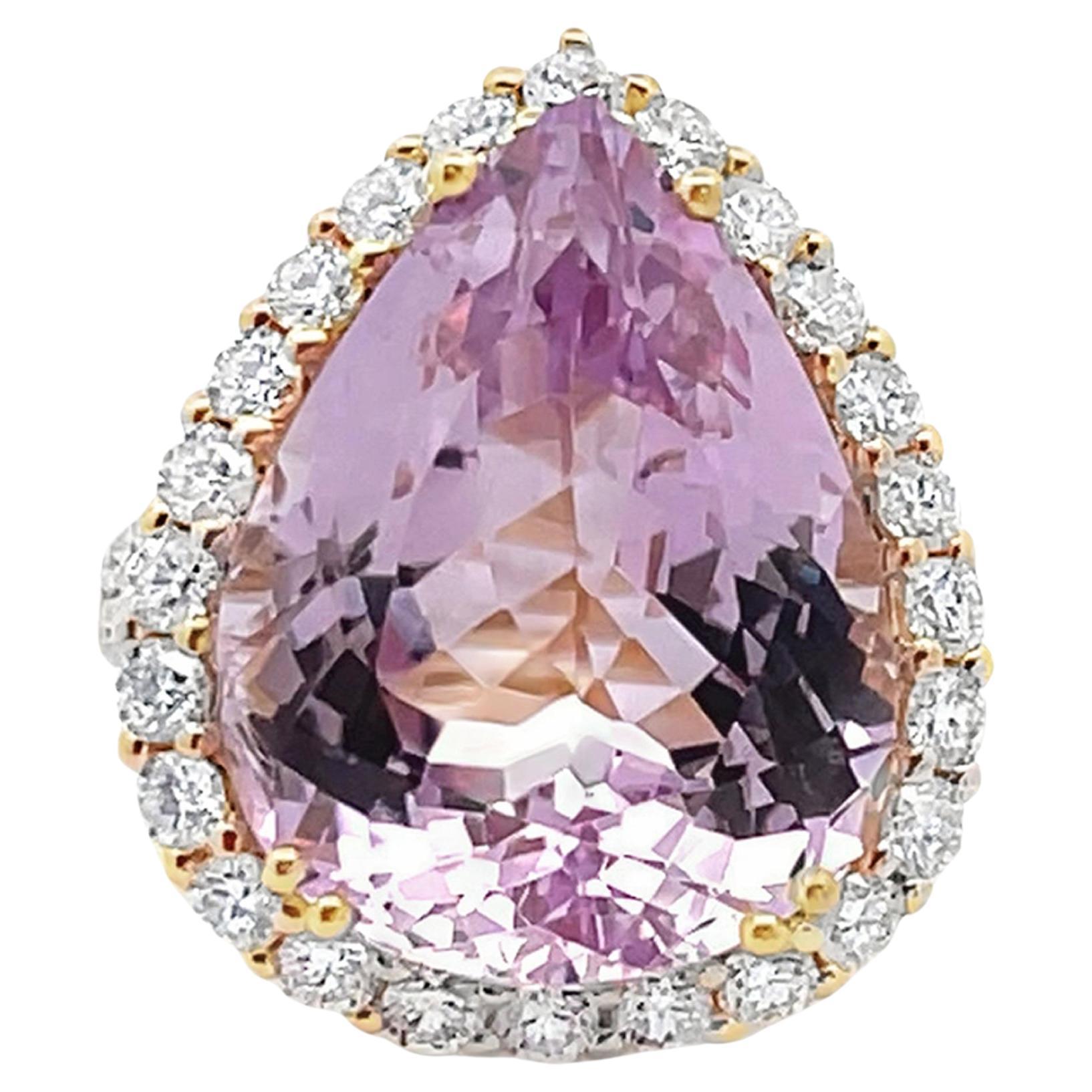 14K Yellow Gold Kunzite Halo Pear Shaped Ring