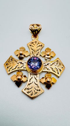 14K Yellow Gold Lab Grown Purple Corundum Cross Pendant, 8.25g