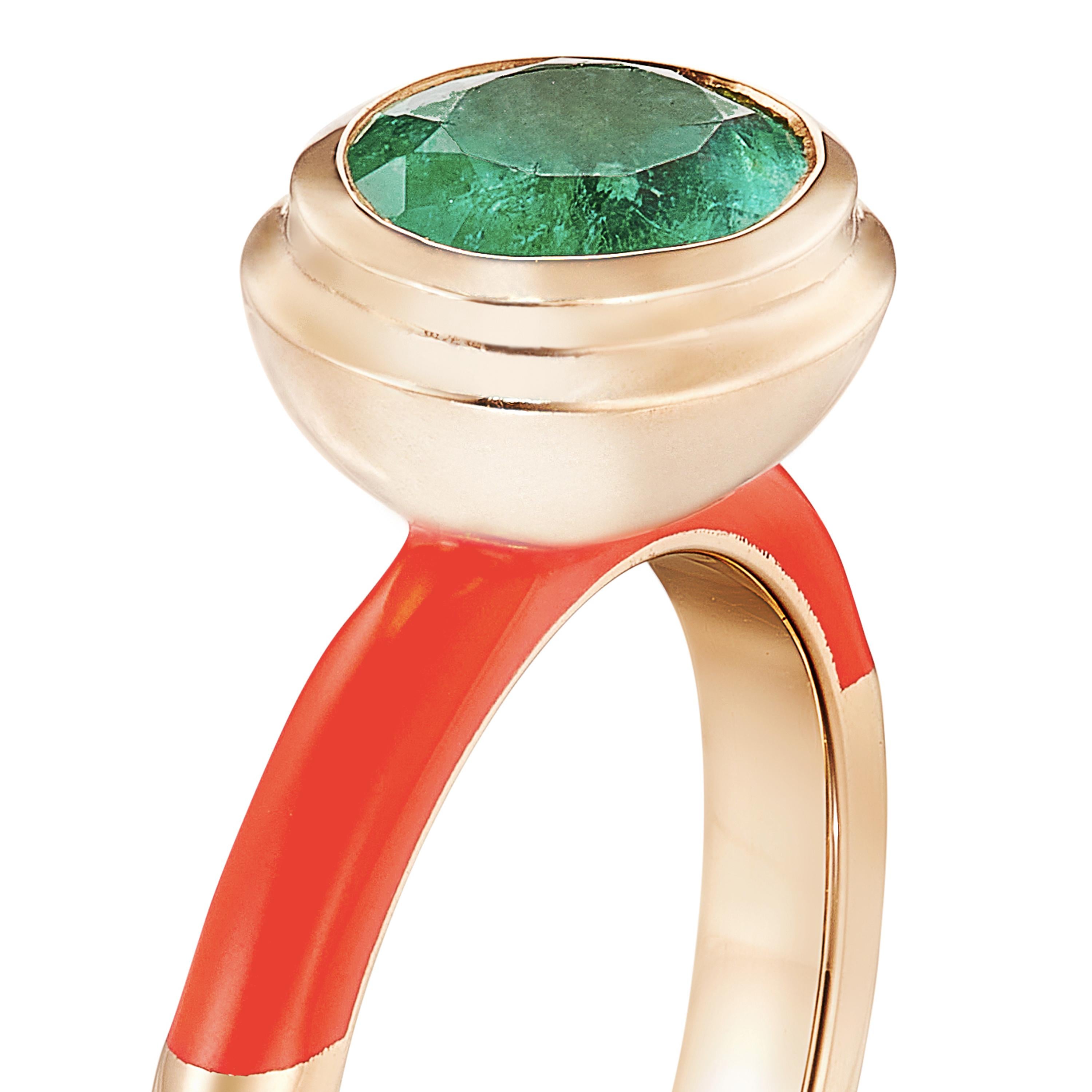 This candy-like ring is crafted from 14K yellow gold, a wonderful emerald and lacquer enamel.

Alice Cicolini creates playful jewels, often working in enamel and with a rainbow of coloured stones. Her pieces present exquisite Indian craftsmanship,