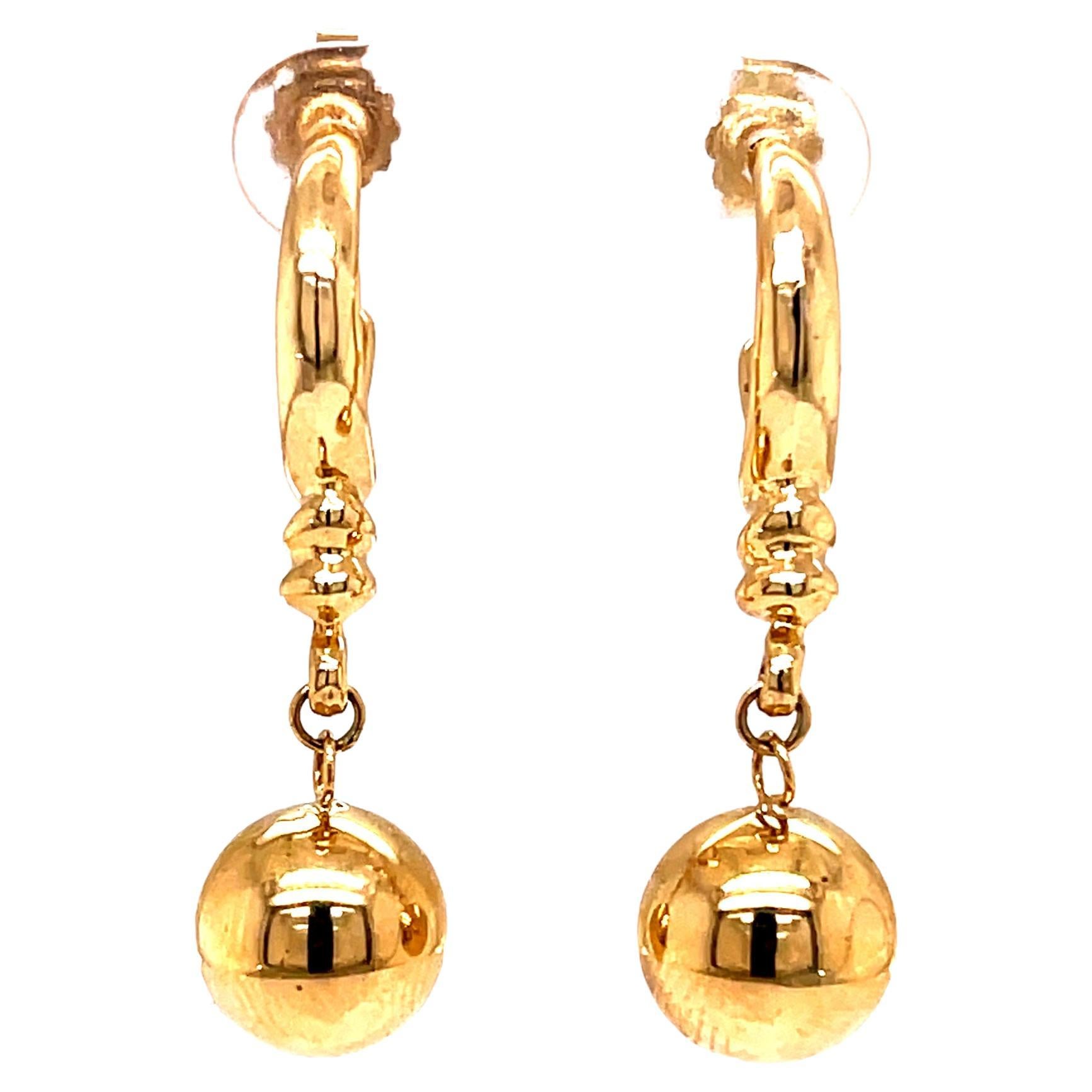 14k Yellow Gold Drop Earrings, Ladies Gold Ball Dangle Earrings For