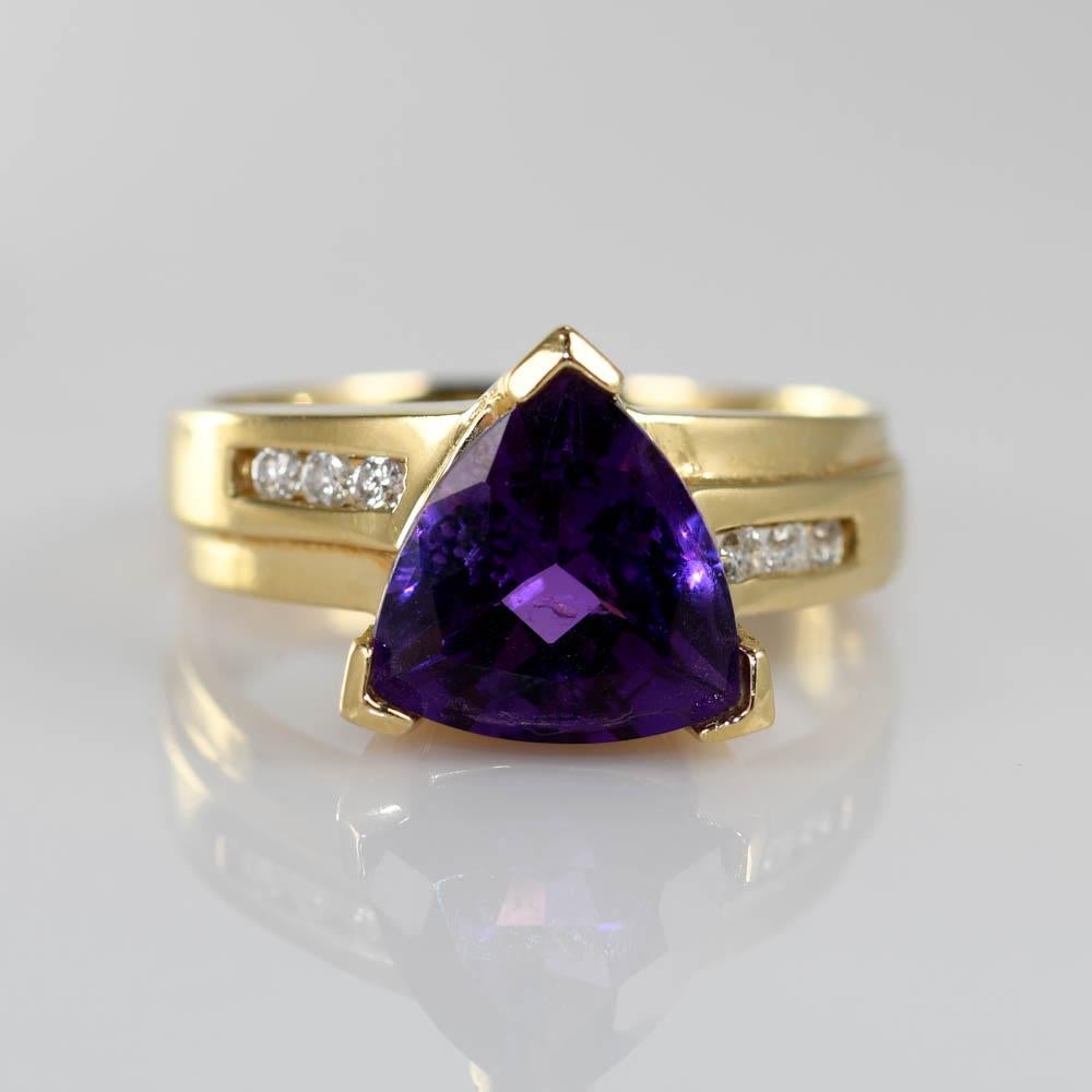 14K Gelbgold Damen Amethyst & Diamant-Ring (Brillantschliff)
