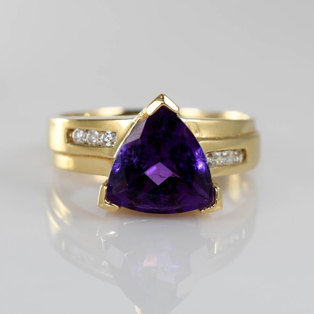 Brilliant Cut 14K Yellow Gold Ladies Amethyst & Diamond Ring