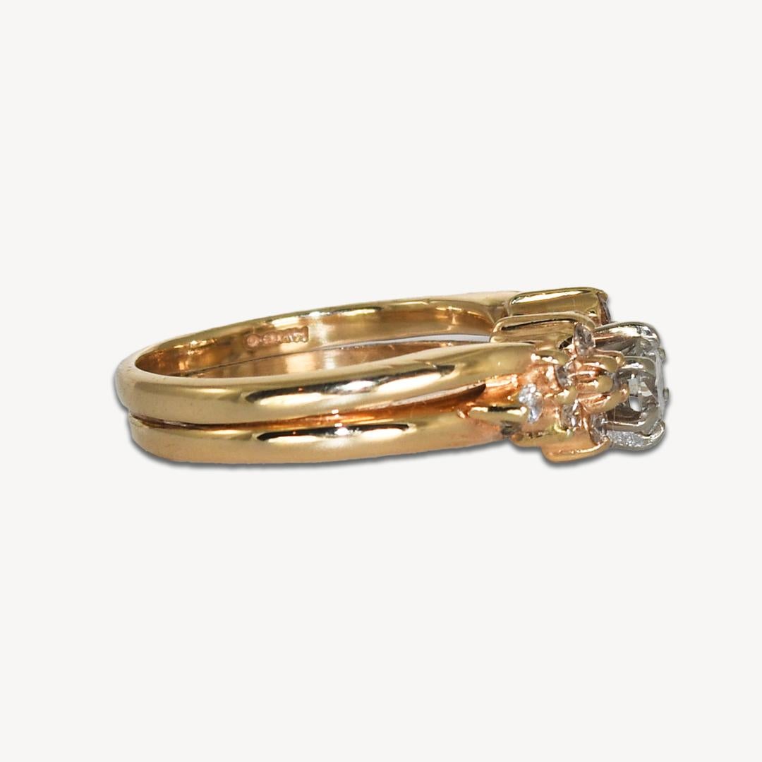 Diamond ring in 14k yellow gold.
The center diamond is a .30 carat round brilliant cut, h color, si2 clarity.
The side diamonds weigh .15 total carats and are j to k color, si clarity.
The ring size is 5 and can be sized up to a 7.
Stamped 14k and