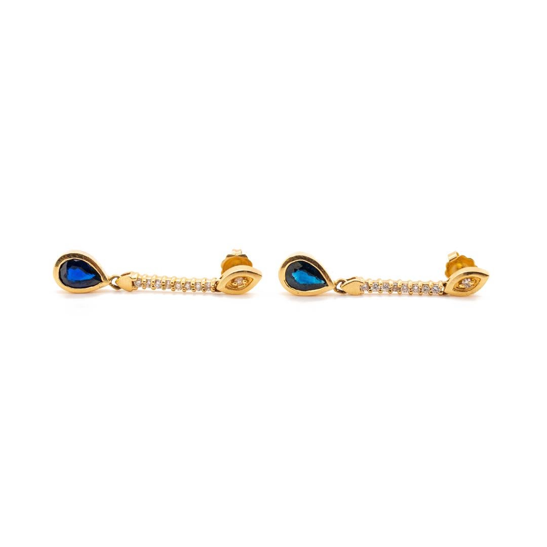 Women's 14K Yellow Gold Ladies Sapphire & Diamond Dangle Earrings For Sale