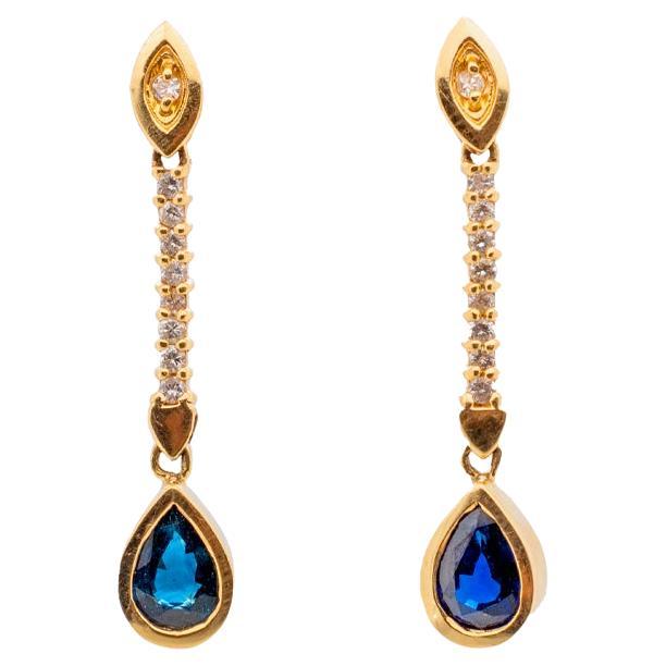 14K Yellow Gold Ladies Sapphire & Diamond Dangle Earrings For Sale