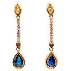 14K Yellow Gold Ladies Sapphire & Diamond Dangle Earrings