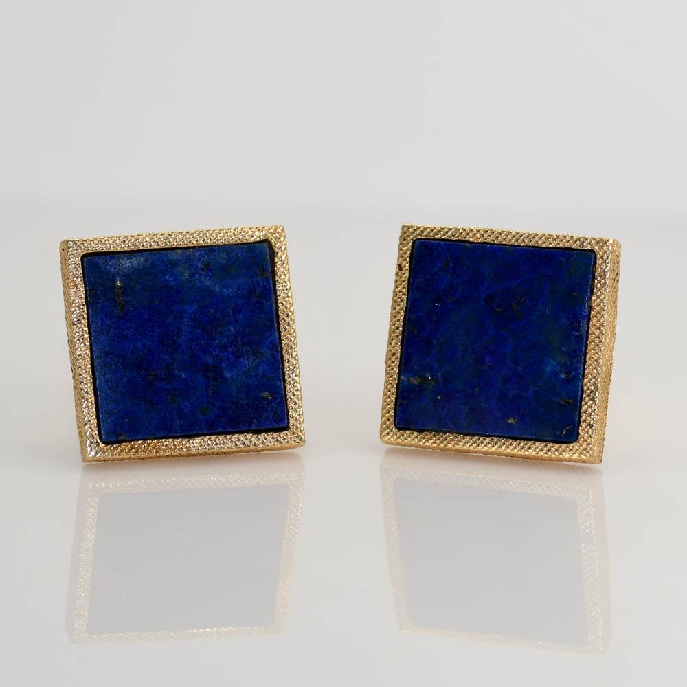 Square Cut 14K Yellow Gold Lapis Cufflinks, 23.1g